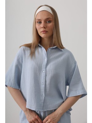 Livizmir Moda Yarım Kol Müslin Gömlek - Bebe Mavisi