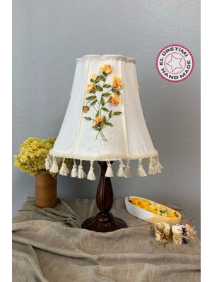 Feyza Design El Yapımı Ceviz Ağacı Ayaklı Nakış Işlemeli Abajur, Şık ve Doğal Tasarım