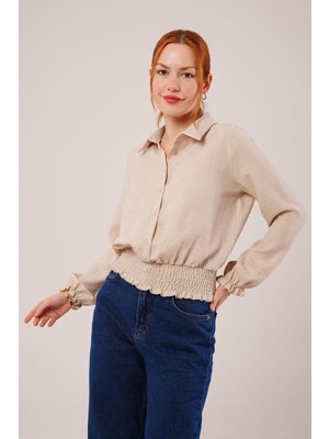 Livizmir Moda Bel ve Bilek Lastikli Bej Bluz