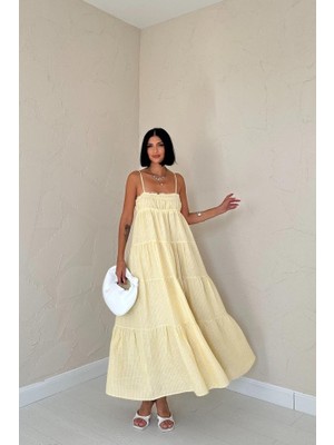 Livizmir Moda Sarı Askılı Parçalı Çizgili Müslin Elbise