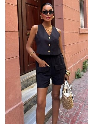 Livizmir Moda Mini Yelekli Şortlu Keten Takım 10176-08