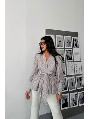 Livizmir Moda Çizgili Bağlama Detaylı Kruvaze Poplin Gömlek - Kahverengi