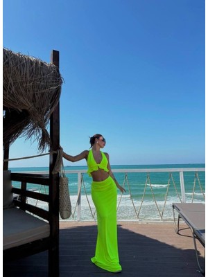 Livizmir Moda Kadın Mayo Kumaş Bağlamalı Crop ve Maxi Boy Etek Ikili Takım