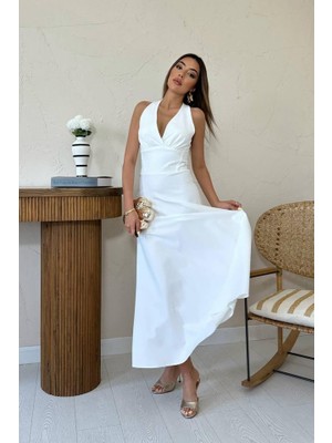 Livizmir Moda Ekru Atlas Göğüs Kuplu Elbise