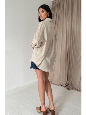 Livizmir Moda Bej Boyamalı Keten Baskılı Taşlı Gömlek