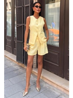 Livizmir Moda Gold Düğme Detaylı Yelek Şort Cotton Takım 10208