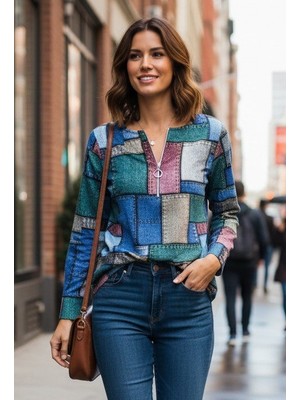 Livizmir Moda Kadın Uzun Kollu Yakadan Fermuarlı Kot Görünüm Desenli Uzun Modal Bluz