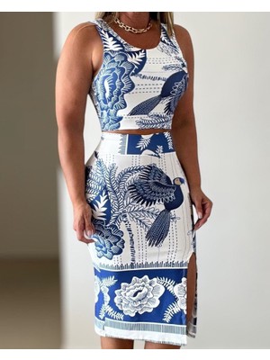 Livizmir Moda Kadın Sıfır Kollu Yuvarlak Yaka Çiçekli Desenli Süprem Crop ve Yırtmaçlı Etek Ikili Takım