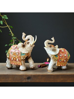 Elifeshop Lüks Ayna & Nakış Işlemeli Feng Shui Şans Getiren 2’li Fil Heykeli Dekoratif Biblo 10 cm Ev Hediyesi