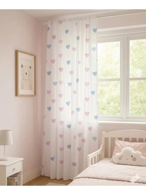 Perdenin Adresi Kalpli Desenli Bebek & Çocuk Odası Tül Perde – Pembe Mavi Renk Normal Pile