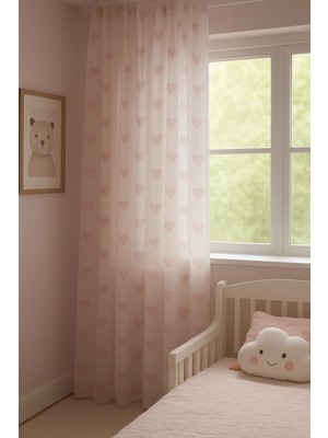 Perdenin Adresi Kalpli Desenli Bebek & Çocuk Odası Tül Perde Pembe Renk Yıkanabilir 190 x 260 cm