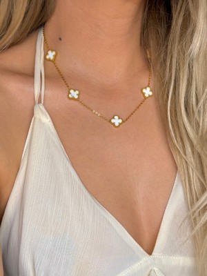 Youes Jewelry 316L Çelik Kadın Kolye Gold Beyaz Ekru Çift Taraflı Kolye