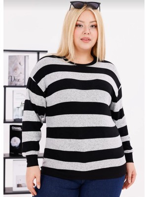 Wearon Kadın Yumoş Kumaş Bisiklet Yaka Eteği Lastikli Rahat Kesim Çizgili Yumuşak Dokulu Bluz