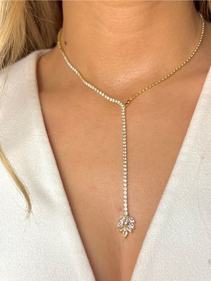Youes Jewelry Çelik Zirkon Taşlı Su Yolu Y Kadın Kolye Gold 14K Renk