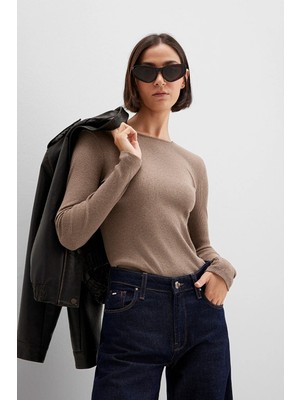 Mavi Kaşmir Karışımlı Kahverengi Uzun Kollu Basic Tişört 1613655-91335