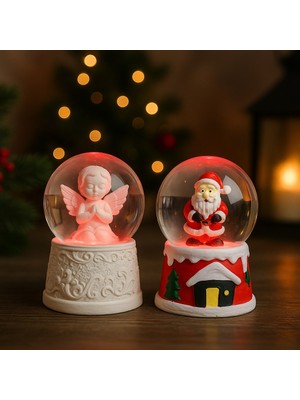 Kesene Ev Dekoru Yeni Yıl Huzuru Işıklı Santa Melek Figürlü ve Noel Baba Temalı Kar Küresi 2'li Seti 6.5 cm