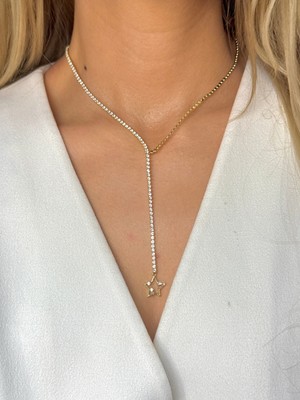 Youes Jewelry Çelik Zirkon Taşlı Su Yolu Y Kadın Kolye Gold 14K Renk