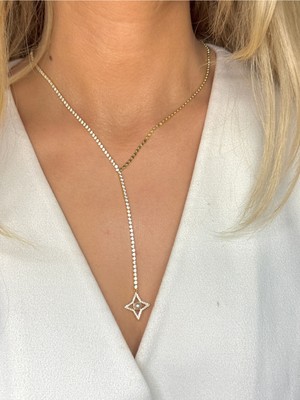 Youes Jewelry Çelik Zirkon Taşlı Su Yolu Y Kadın Kolye Gold 14K Renk