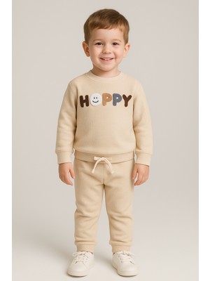 tinytrends %100 Pamuk Bebek Waffle Happy Nakışlı 2'li Takım