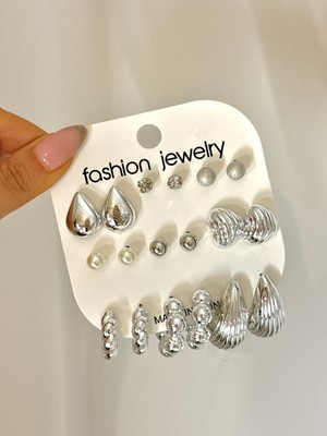 Youes Jewelry 9 Çift Küpe Seti Gümüş Renk Çoklu Küpe Seti