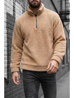 Oksit Jaky Slim Fit Peluş Yarım Tam Fermuarlı Dik Yaka Kalın Erkek Sweatshirt Polar