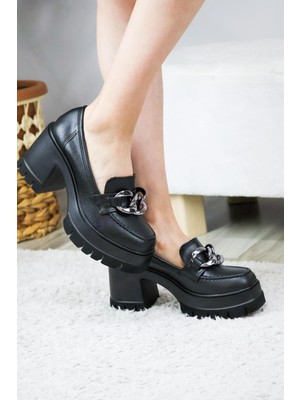 Asmi Shoes Kadın Loafer Ayakkabı Siyah Cilt Kalın Taban 8 cm Topuklu Zincir Tokalı Tasarım