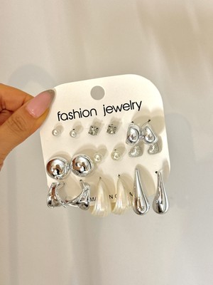 Youes Jewelry 9 Çift Küpe Seti Gümüş Renk Çoklu Küpe Seti