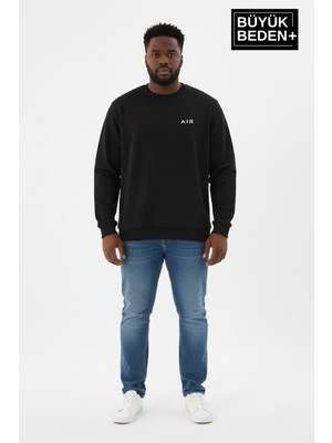 Superlife Erkek Büyük Beden Ar Baskılı Yaka Kollar Etek Ribana Bisilet Yaka Sweatshirt SPR26BSW956-1