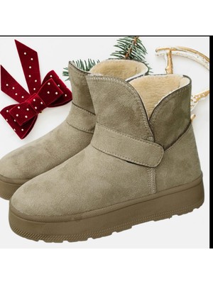 papucumun dünyası Ucg Model Yüksek Taban Içi Tüylü Süet Kışlık  Kadın Botu Cırt Bantlı