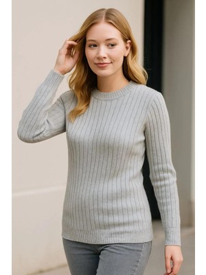 Rawea Fashion Kadın Bisiklet Yuvarlak Yaka Triko Kazak Pamuklu Kalın Fitilli Dokuma, Regular Fit Uzun Kollu Kışlık Model - Gri