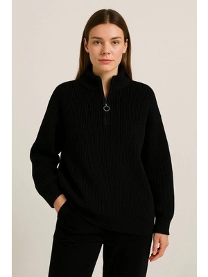 Rawea Fashion Kadın Yarım Fermuarlı Triko Kazak – Selanik Örgü, Dik Yaka, Pamuklu Dokuma, Oversize Uzun Kollu Kışlık Model - Siyah