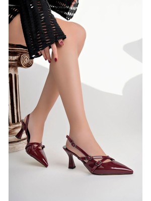 Sermoda Topuklu Kadın Ayakkabı - Arkası Açık Topuklu Stiletto Sivri Burun Kadın Ayakkabı Bordo Rugan