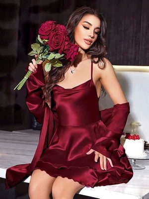 Aesco Özel Tasarım Sırt Dekolteli Sabahlıklı Saten Bordo 2'li Gecelik Takımı