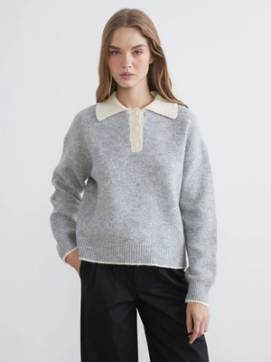 LC Waikiki Xsıde Gri Polo Yaka Oversize Kadın Triko Kazak