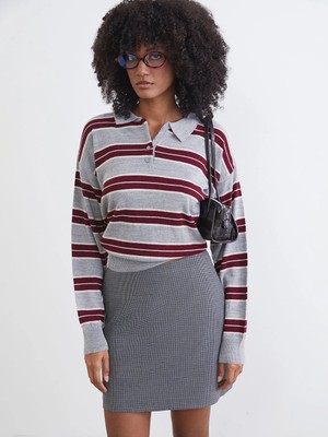 LC Waikiki Xsıde Gri Polo Yaka Çizgili Oversize Kadın Triko Kazak