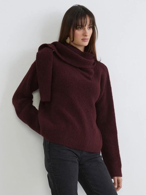 LC Waikiki Soulife Bordo Şal Yaka Kadın Triko Kazak