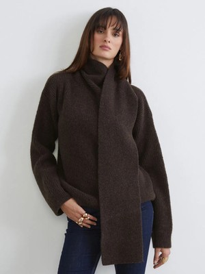 LC Waikiki Soulife Kahverengi Şal Yaka Kadın Triko Kazak