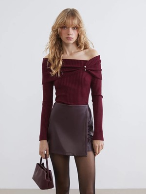 LC Waikiki Lcw Vision Bordo Kayık Yaka Kadın Triko Kazak