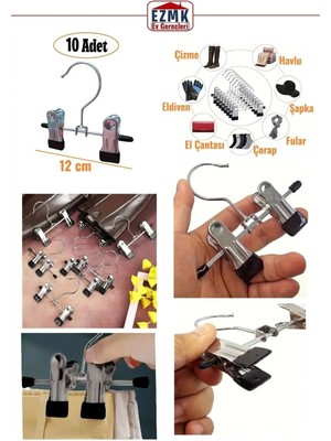 Ezmk Ev Gereçleri Ayarlanabilir Mandallı Askı, Krom Metal Eşarp Askısı, Şapka Askısı, Şal Askısı \ 10 Adet \ 12 cm