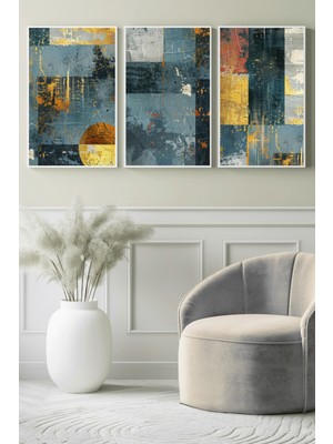 Geometrik Mavi & Altın Dokulu Soyut 3’lü Kanvas Tablo