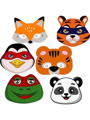 Feyza Design Eğlenceli Çocuk Lastikli Karton Hayvan Maske Seti, 6 Adet