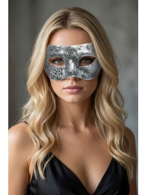 Feyza Design Gümüş Eskitme Venedik Maske, Antik Gri Desenli, Şık ve Zarif Tasarım