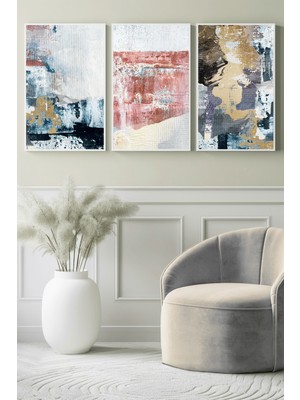 Pembe & Mavi Dokulu Fırça Geçişli Soyut 3’lü Kanvas Tablo