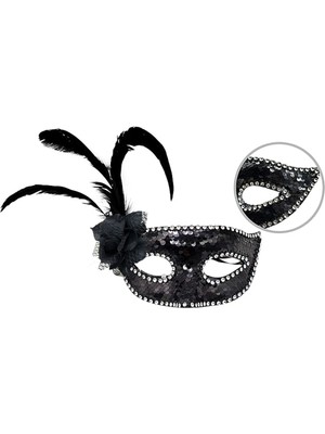 Feyza Design Siyah Yandan Tüylü Güllü Gümüş Taşlı Pullu Maske 20X22 cm