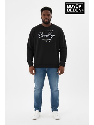 Superlife Erkek Büyük Beden El Yazılı Brooklyn Baskılı Bisiklet Yaka Ince Sweatshirt SPR26BSW956-6