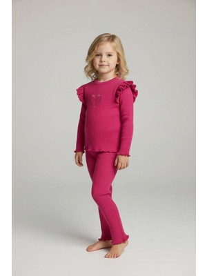 Kız Çocuk Önü Kalpli Kolu Fırfırlı Kaşkorse Rahat Alt Üst Takım