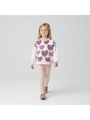 Sweatshi̇rt Kiz Çocuklari Içi̇n Inci̇ Detayli Kalpli̇ Leoparli Sweat