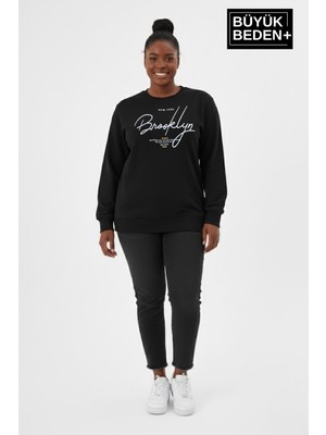 Superlife Kadın Büyük Beden El Yazılı Brooklyn Baskılı  Bisiklet Yaka Ince Sweatshirt SPR26BSWK956-6