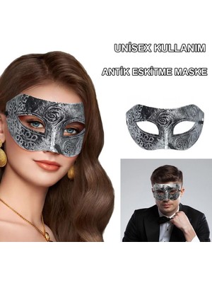 Feyza Design Efsanevi Halloween Gümüş Eskitme Erkek Uyumlu Antik Balo Maskesi