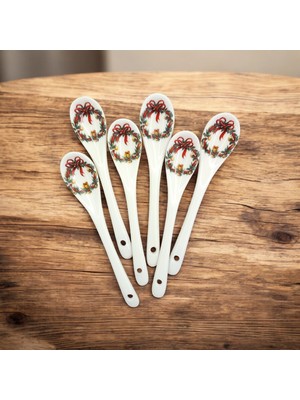 Mimoza Porselen Kurdelalı Çiçek Çelenk Desen Porselen Mini Kaşık 6'lı Takım